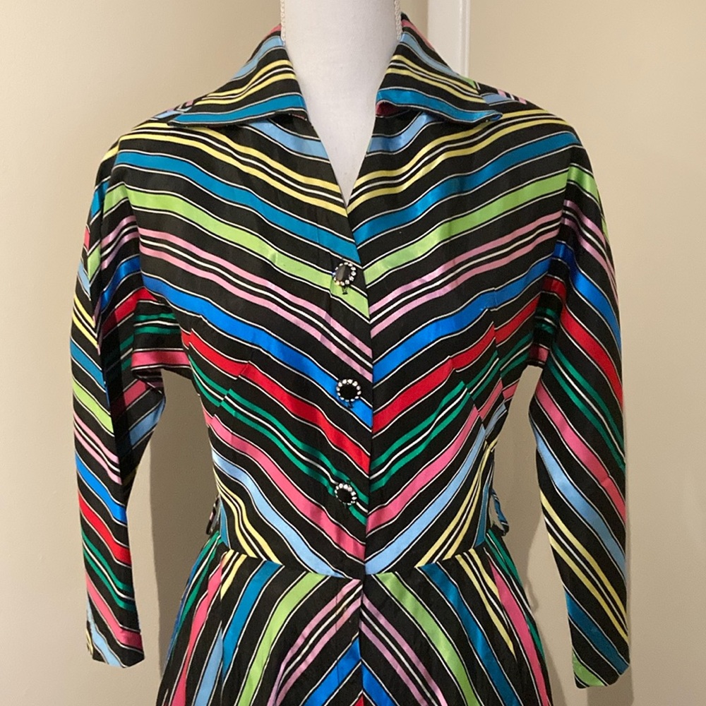 Vintage Rare Maxan Taffeta Rainbow Stripe Circle Skirt Maxi Dress size 4